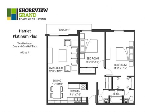 Floor plan for 2 beds, 1 bath, 950 sqft